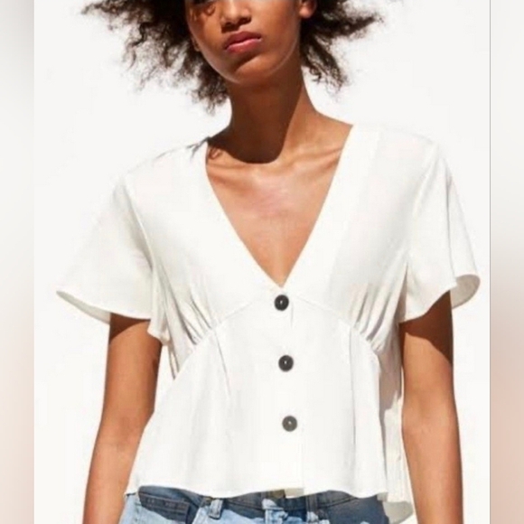 Zara Cream V-Neck Blouse with Black Buttons - Picture 1 of 6